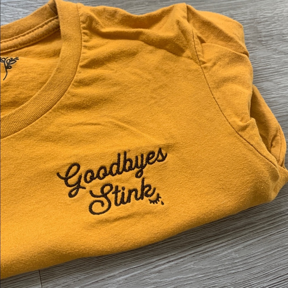 Goodbyes Stink Shirt Mustard Bee & Mae The Office Small Ladies Women SCRANTON